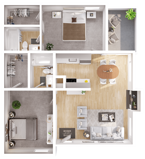 Floor plan for 2 beds, 2 baths, 958 sqft